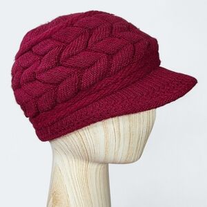Women’s Winter Cable Knit Visor Beanie – Warm Fleece Lined Newsboy Cap - Red OS
